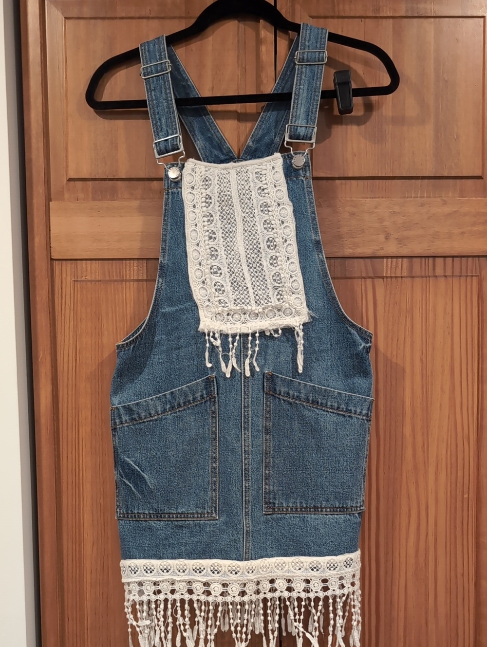Denim Crochet Fringe Overall Dress - Blue & Cream